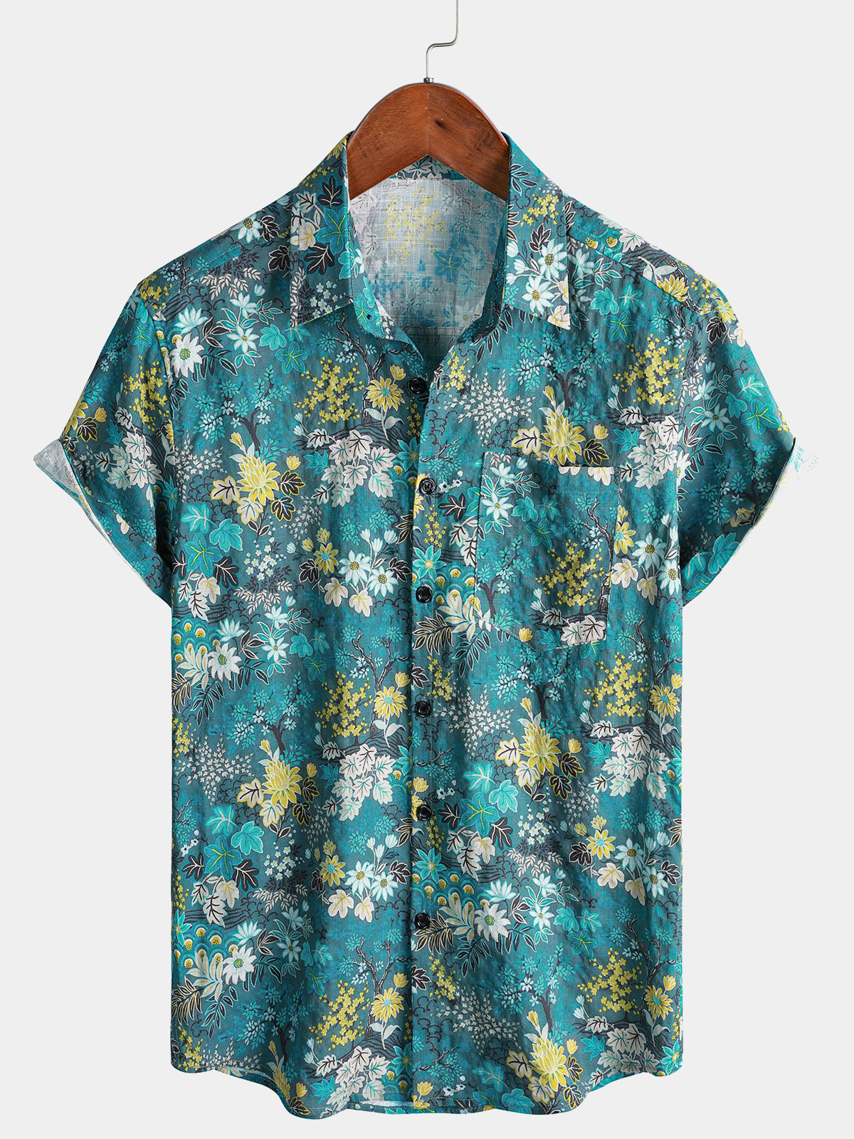 Men's Hawaiian Tropical White Yellow Floral Print Chest Pocket Short Sleeve Shirt