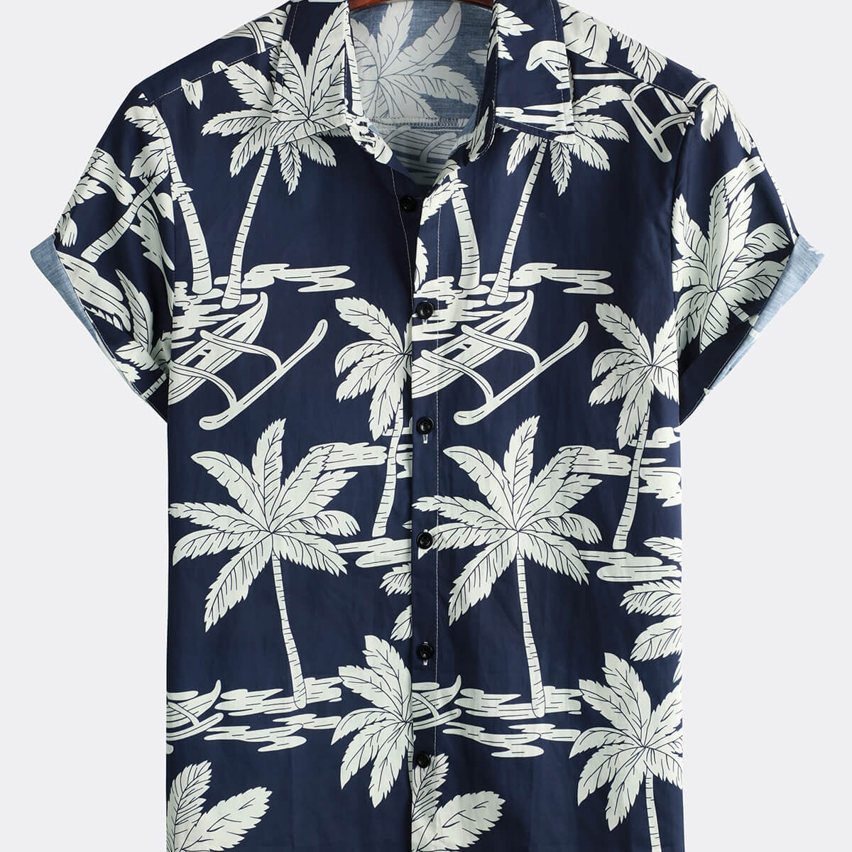 Camisa hawaiana de manga corta para hombre, de algodón, con estampado de palmeras, color azul marino, con botones, para vacaciones