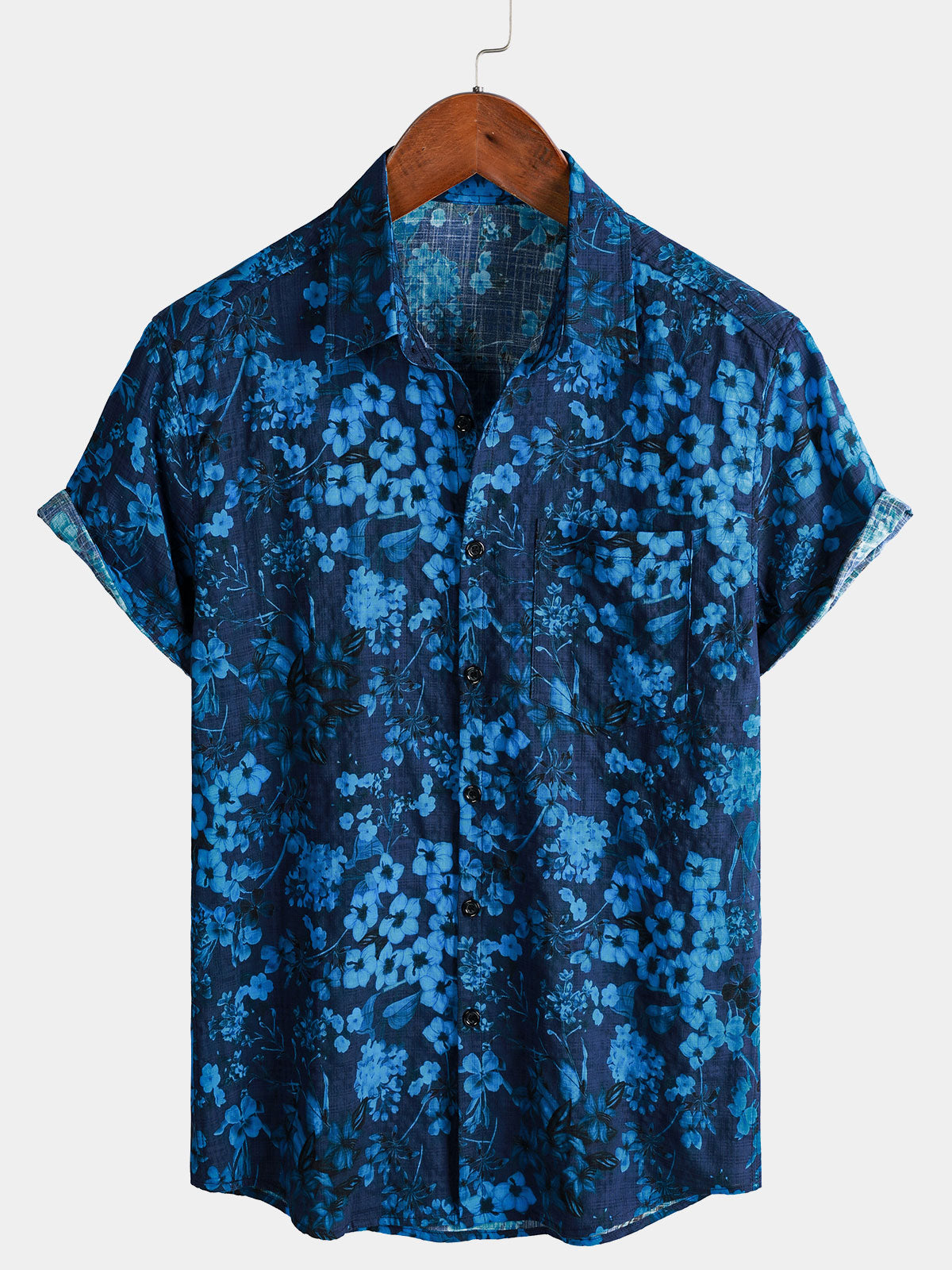 Men's Hawaiian Vintage Dark Blue Floral Print Chest Pocket Short Sleeve Shirt