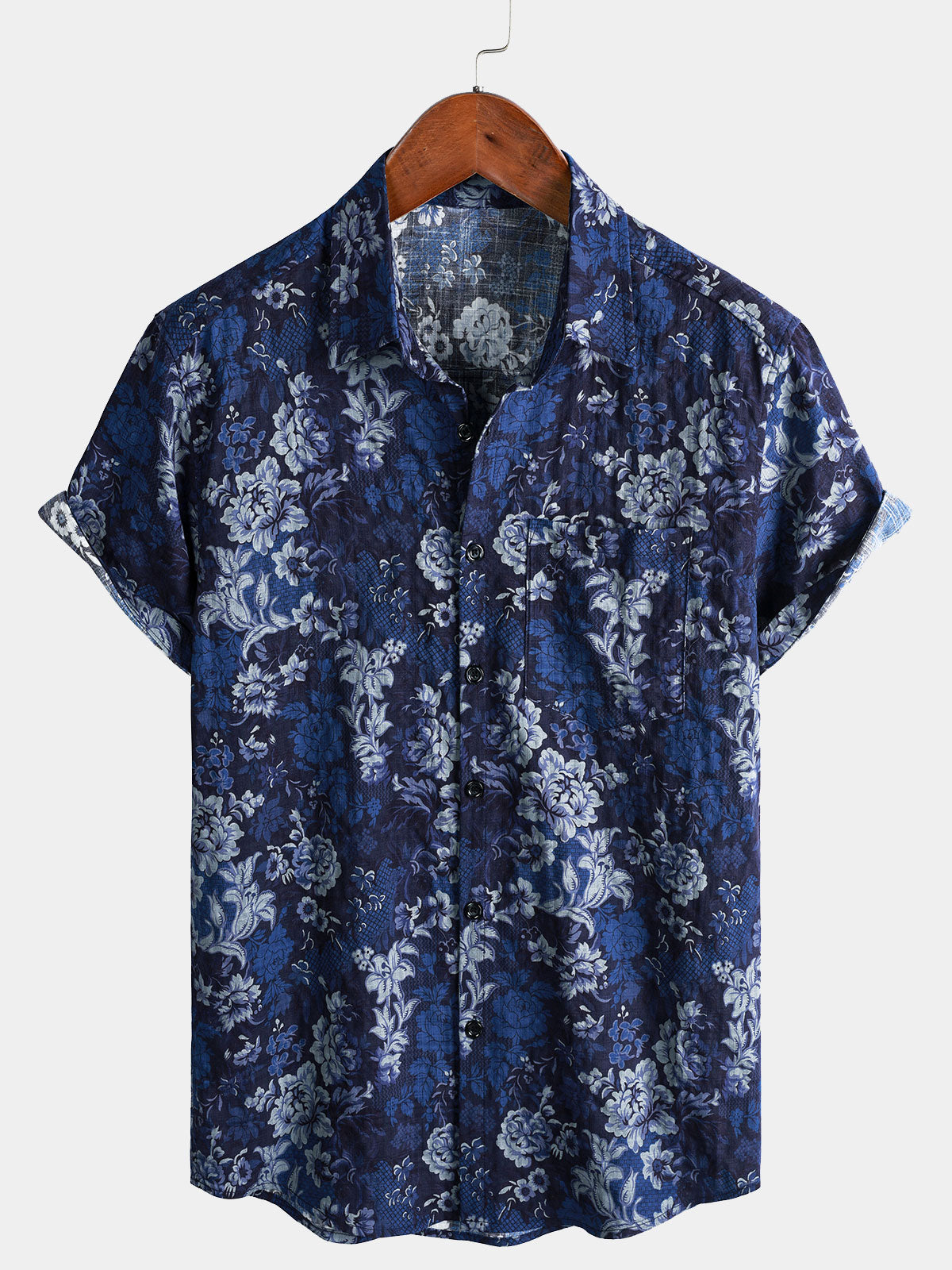 Men's Hawaiian Blue Floral Print Breathable Lightweight Cotton Chest Pocket Short Sleeve Shirt