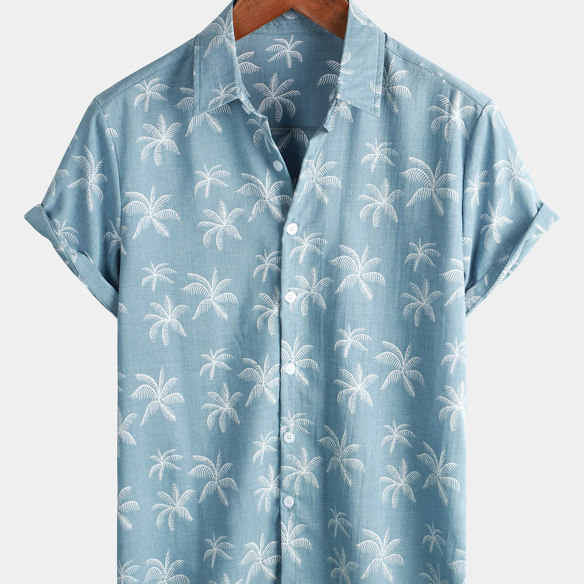 Camisa hawaiana de manga corta con botones de playa azul de verano tropical de algodón con estampado de palmeras para hombre