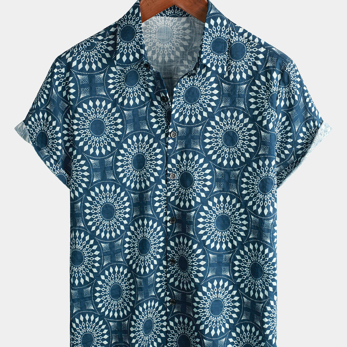 Camisa de manga corta con botones para hombre, algodón, años 70, estilo vintage, azul, retro, resort, playa, verano