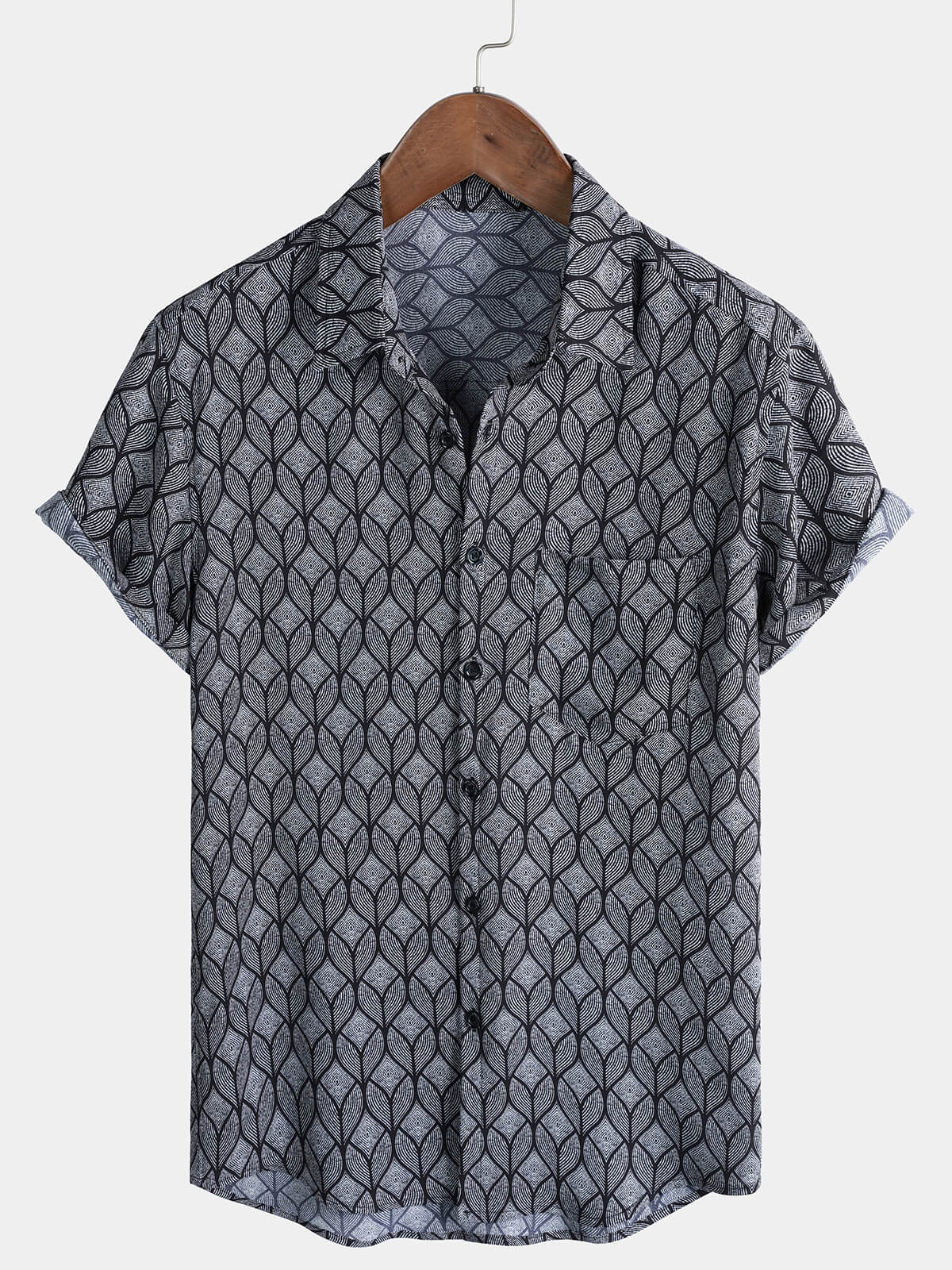 Men's Retro Black Geometric Print Pocket Short Sleeve Shirt