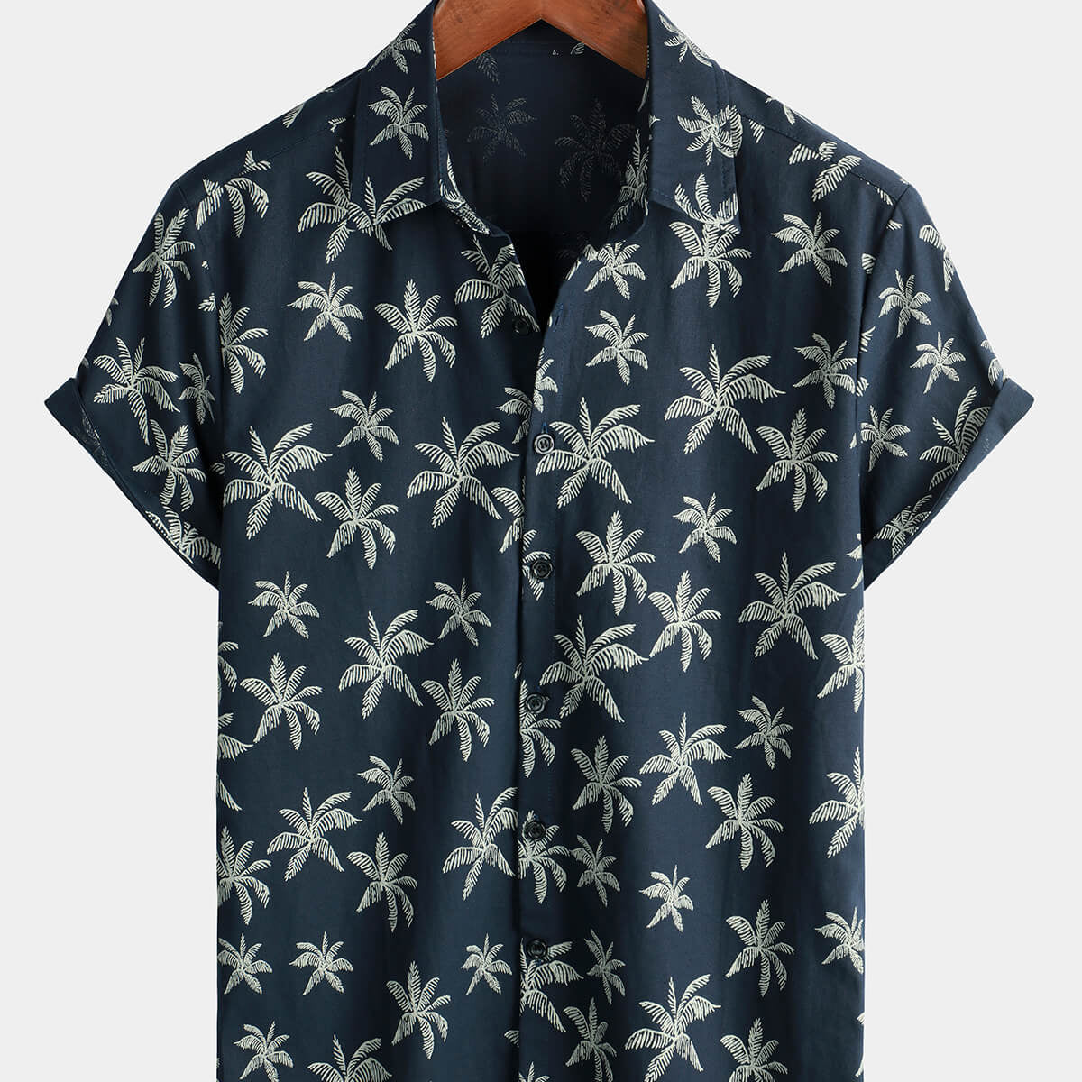 Men's Palm Tree Print Cotton Navy Blue Button Up Short Sleeve Hawaiian ...