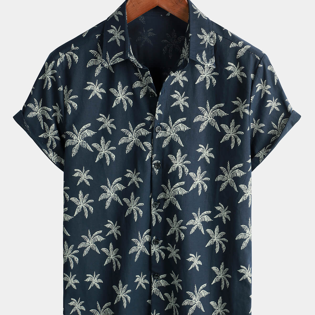 Camisa hawaiana de manga corta con botones azul marino de algodón con estampado de palmeras para hombre