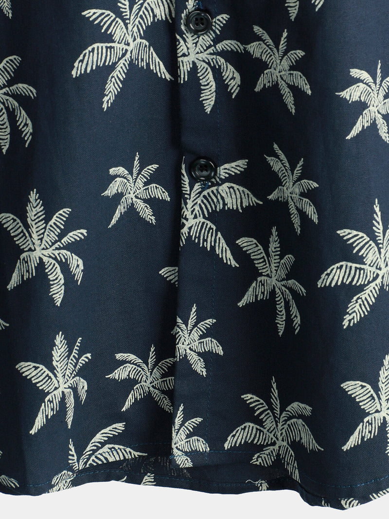 Men's Palm Tree Print Cotton Navy Blue Button Up Short Sleeve Hawaiian Shirt