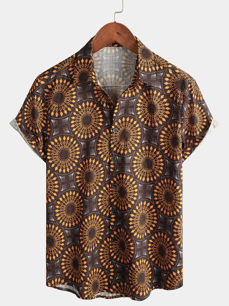 Men's Cotton Vintage 70s Floral Retro Button Up Green Summer Beach Bohemian Boho Short Sleeve Shirt