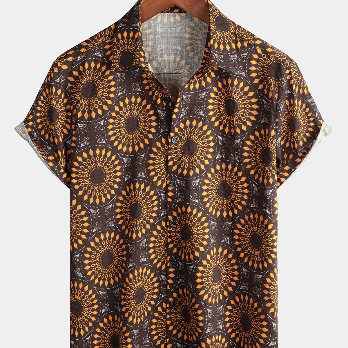 Camisa vintage de algodón de los años 70 para hombre, color marrón, floral, retro, occidental, de manga corta, con botones