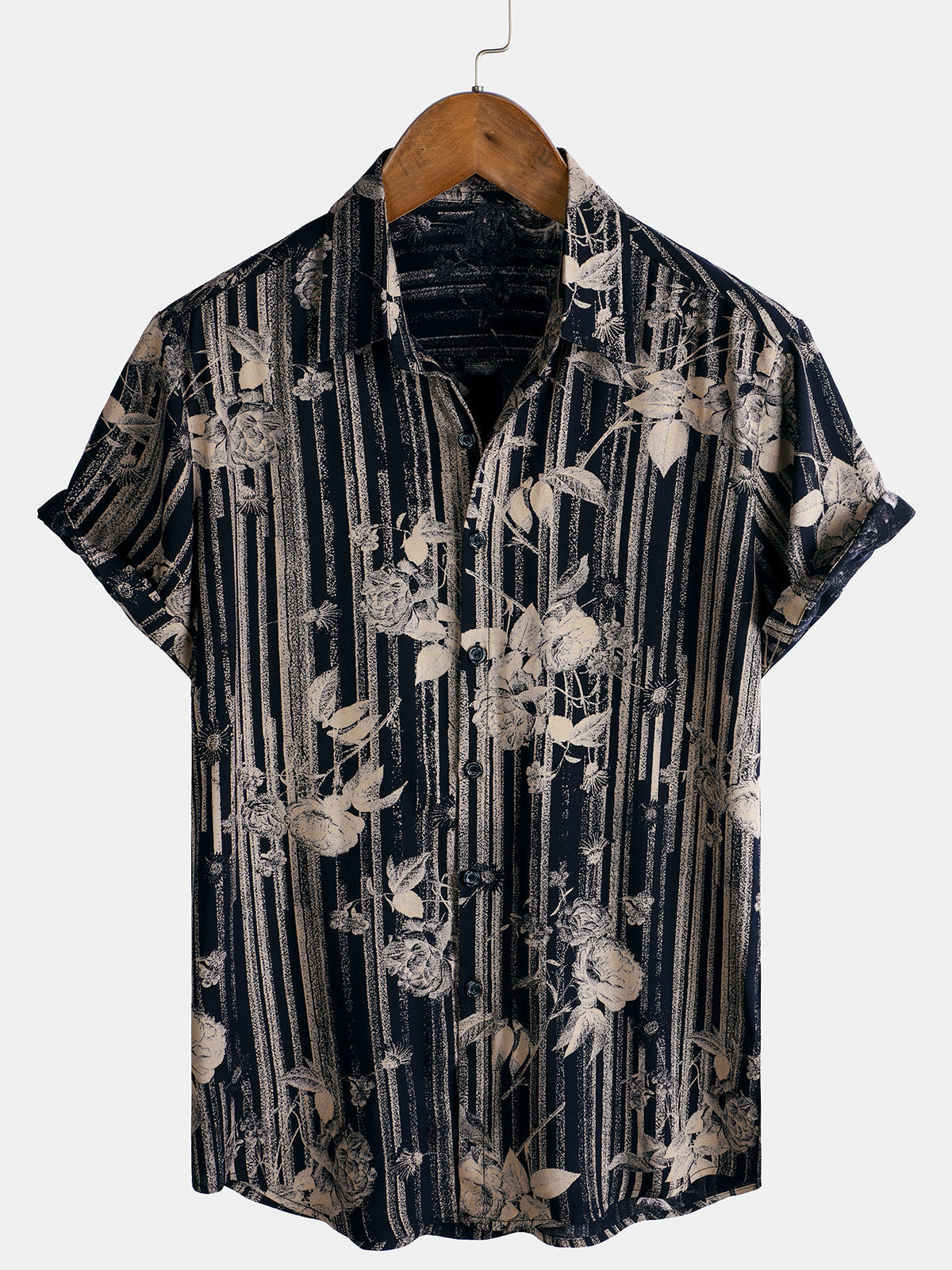 Men's Breathable Rayon Vintage Floral Print Vacation Striped Shirt