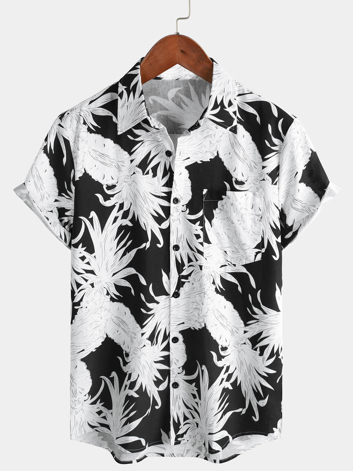 Men's Pineapple Print Cotton Linen Black and White Hawaiian Button Up Short Sleeve Shirt