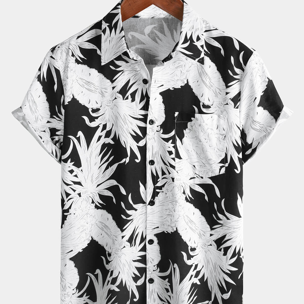 Camisa hawaiana de manga corta con botones en blanco y negro de lino y algodón con estampado de piña para hombre