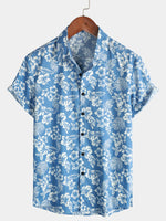 Bundle Of 2 | Men's Retro Beach Hawaiian Cotton Holiday Button Up Blue Short Sleeve Floral Shirts