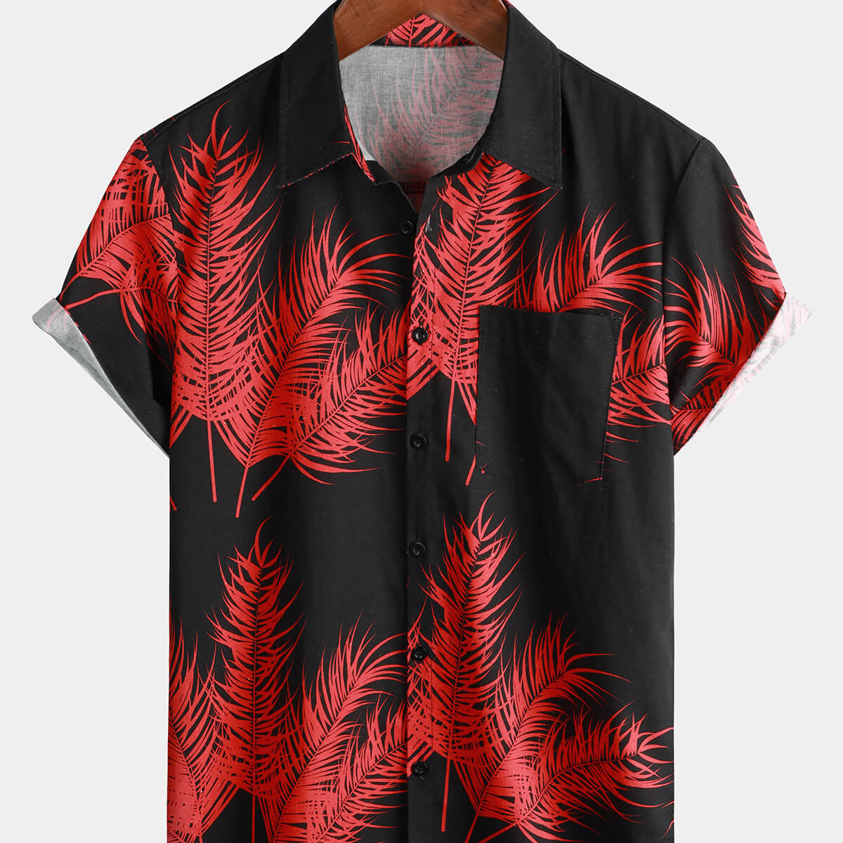 Camisa de manga corta con botones de lino y algodón con estampado de hojas de palmera hawaianas para hombre