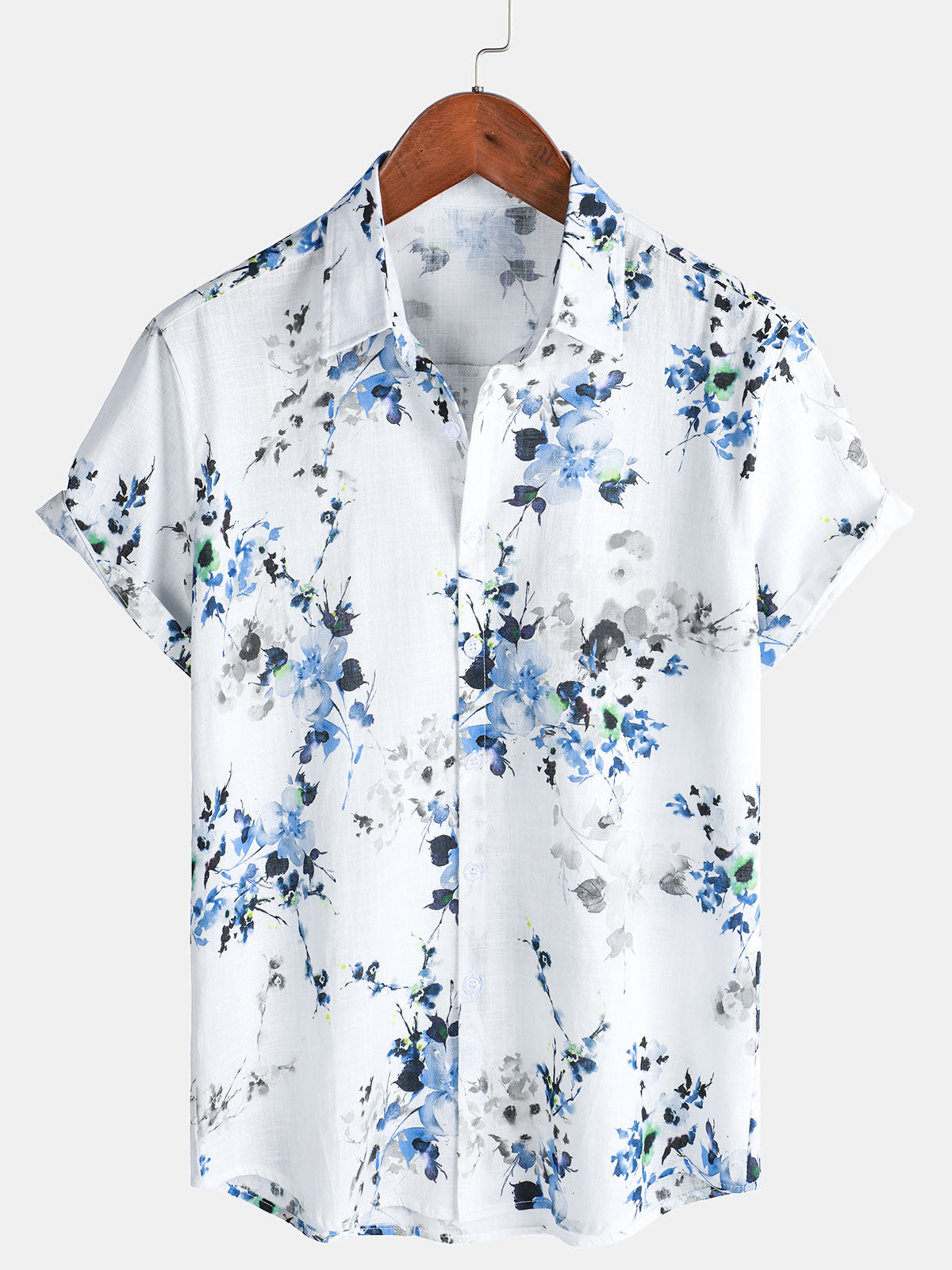 Men's Casual Summer Vintage Floral Print Short Sleeve Cotton Shirt