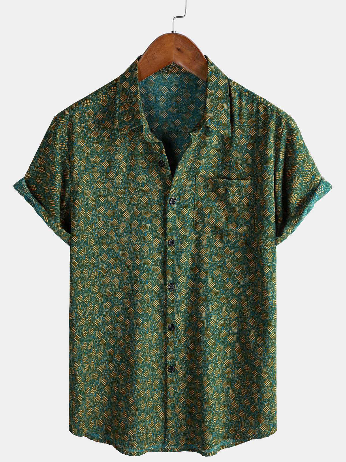 Men's Retro Geometric Print Pocket Short Sleeve Shirt