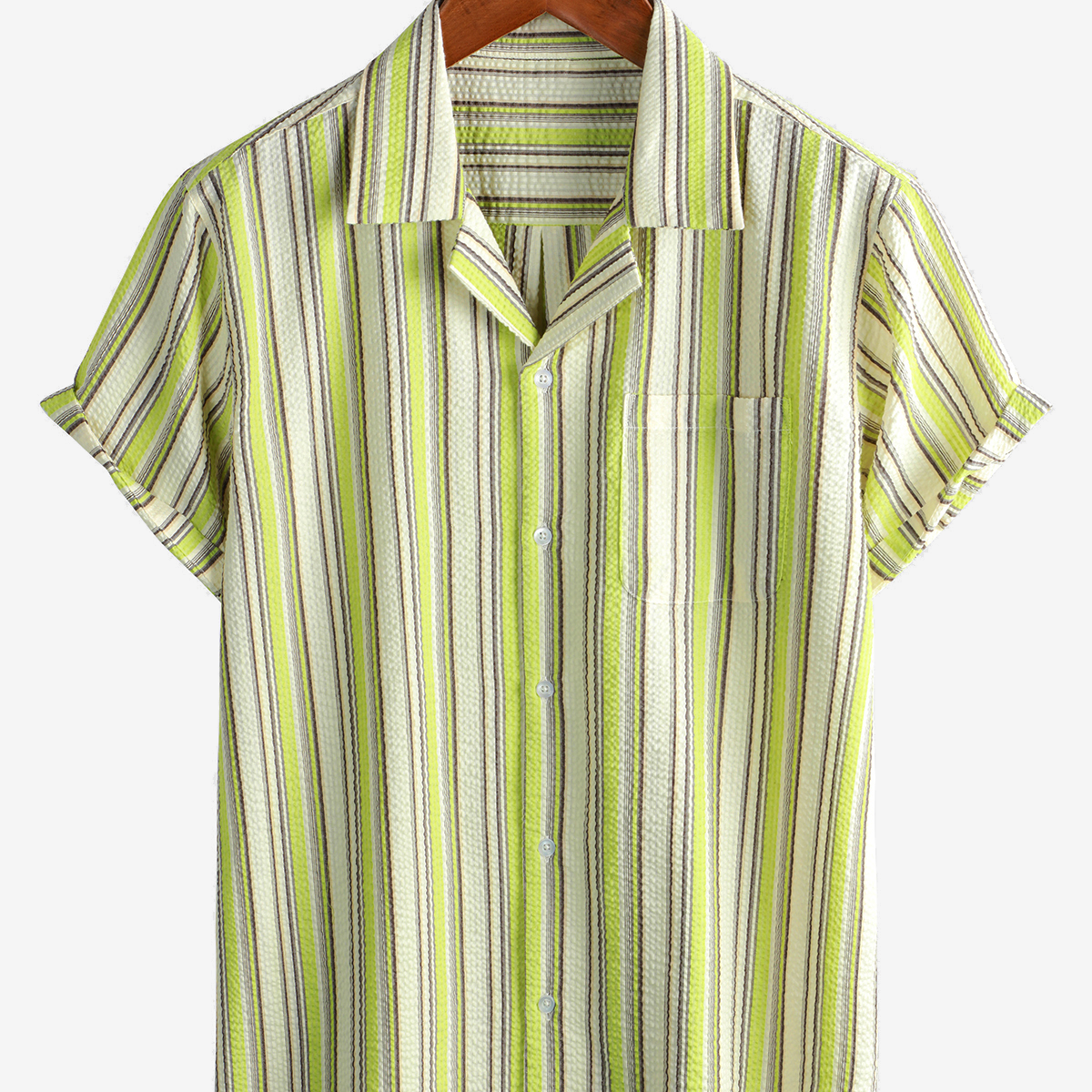 Men's Striped Pocket Beach Short Sleeve Button Up Summer Shirt