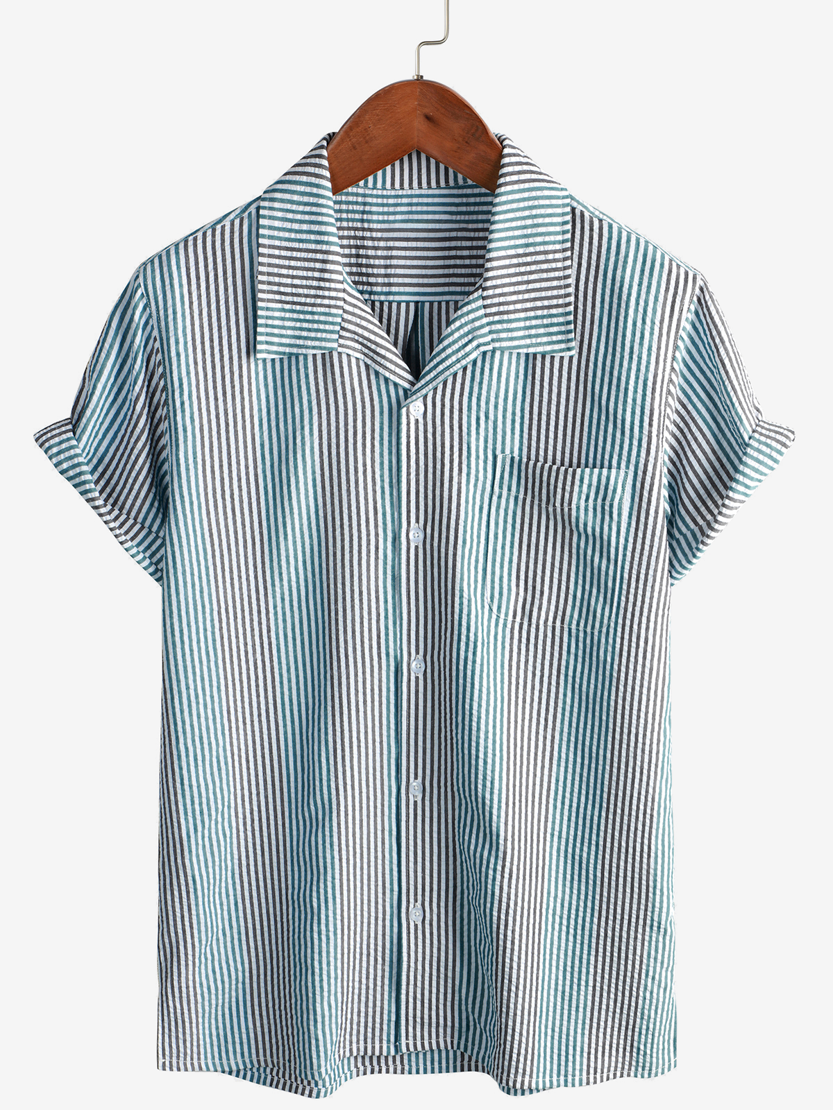 Men's Casual Colorful Striped Pocket Short Sleeve Summer Beach Shirt