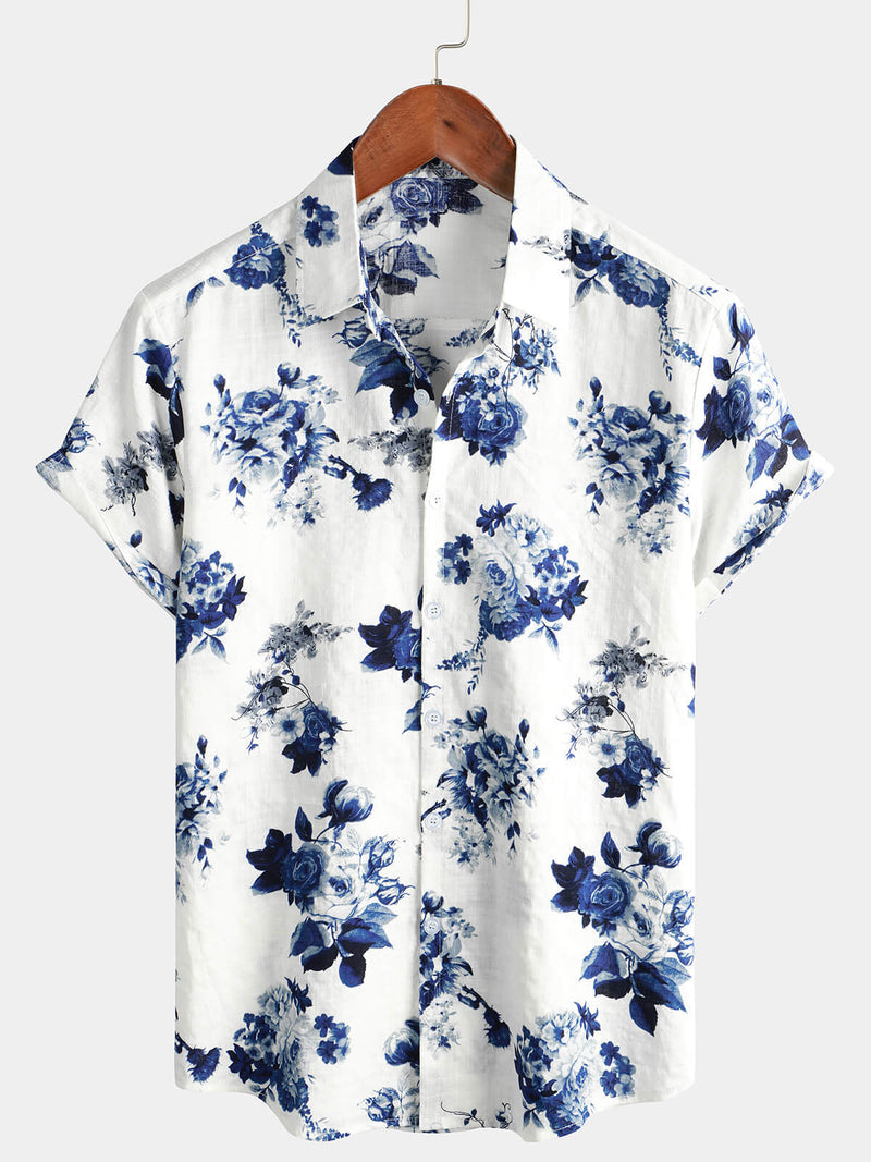 Bundle Of 2 | Men's Blue Floral Print Cotton Beach Holiday Button Up Short Sleeve White Lapel Hawaiian Shirts