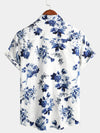 Bundle Of 2 | Men's Blue Floral Print Cotton Beach Holiday Button Up Short Sleeve White Lapel Hawaiian Shirts