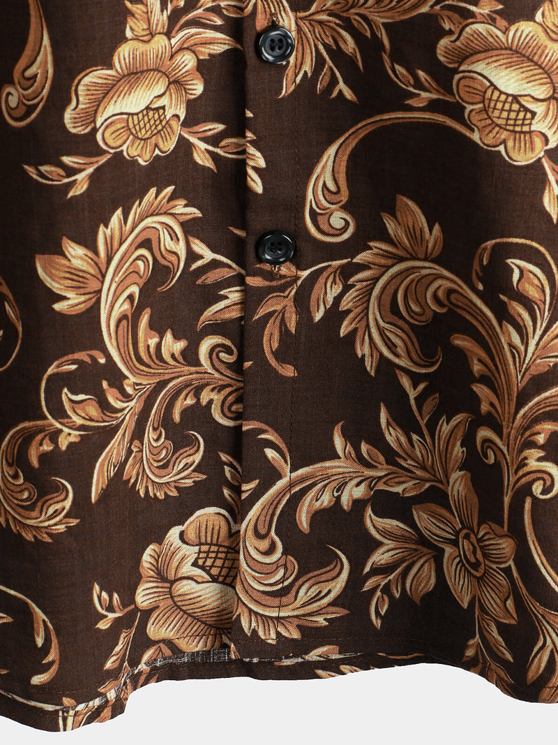 Men's Button Up Baroque Print Cool Summer Vacation Beach Brown Vintage Floral Short Sleeve Shirt
