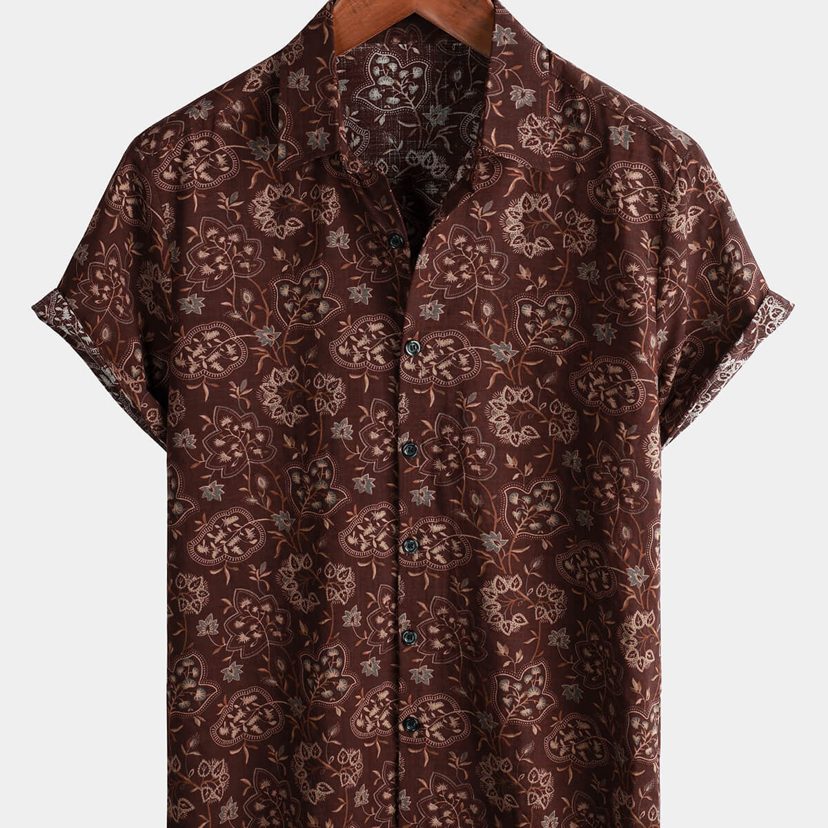 Camisa de manga corta color burdeos con botones retro floral vintage de Paisley para hombre