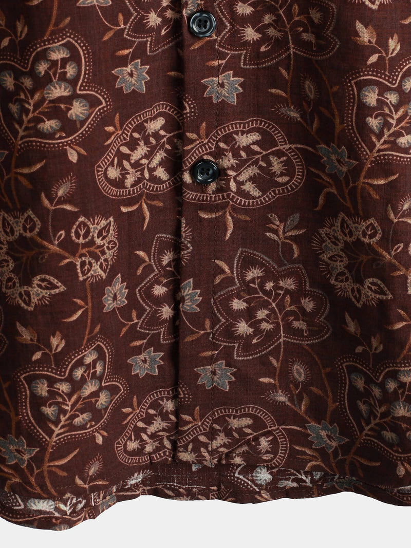 Men's Paisley Vintage Floral Retro Button Up Burgundy Short Sleeve Shirt