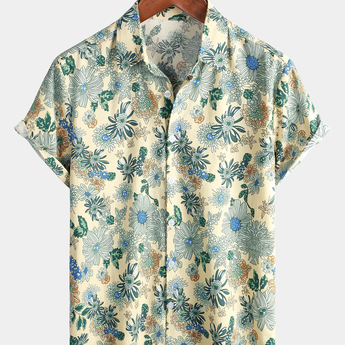 Camisa de manga corta de playa fresca con botones casuales retro con estampado floral verde vintage de algodón para hombres