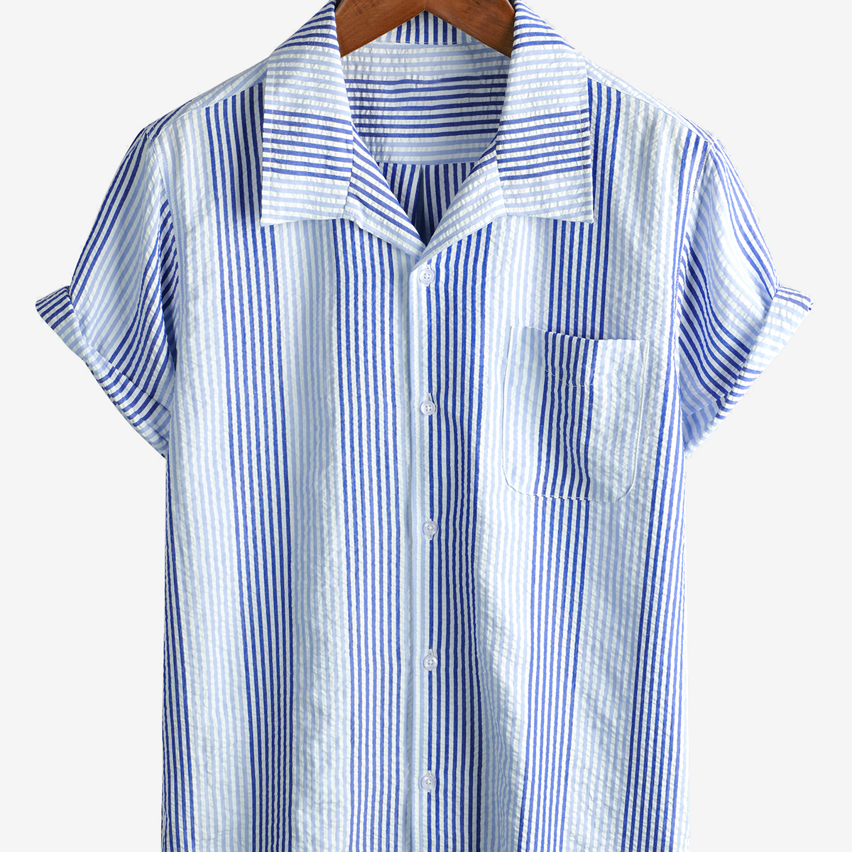 Men's Casual Colorful Striped Pocket Short Sleeve Summer Beach Shirt