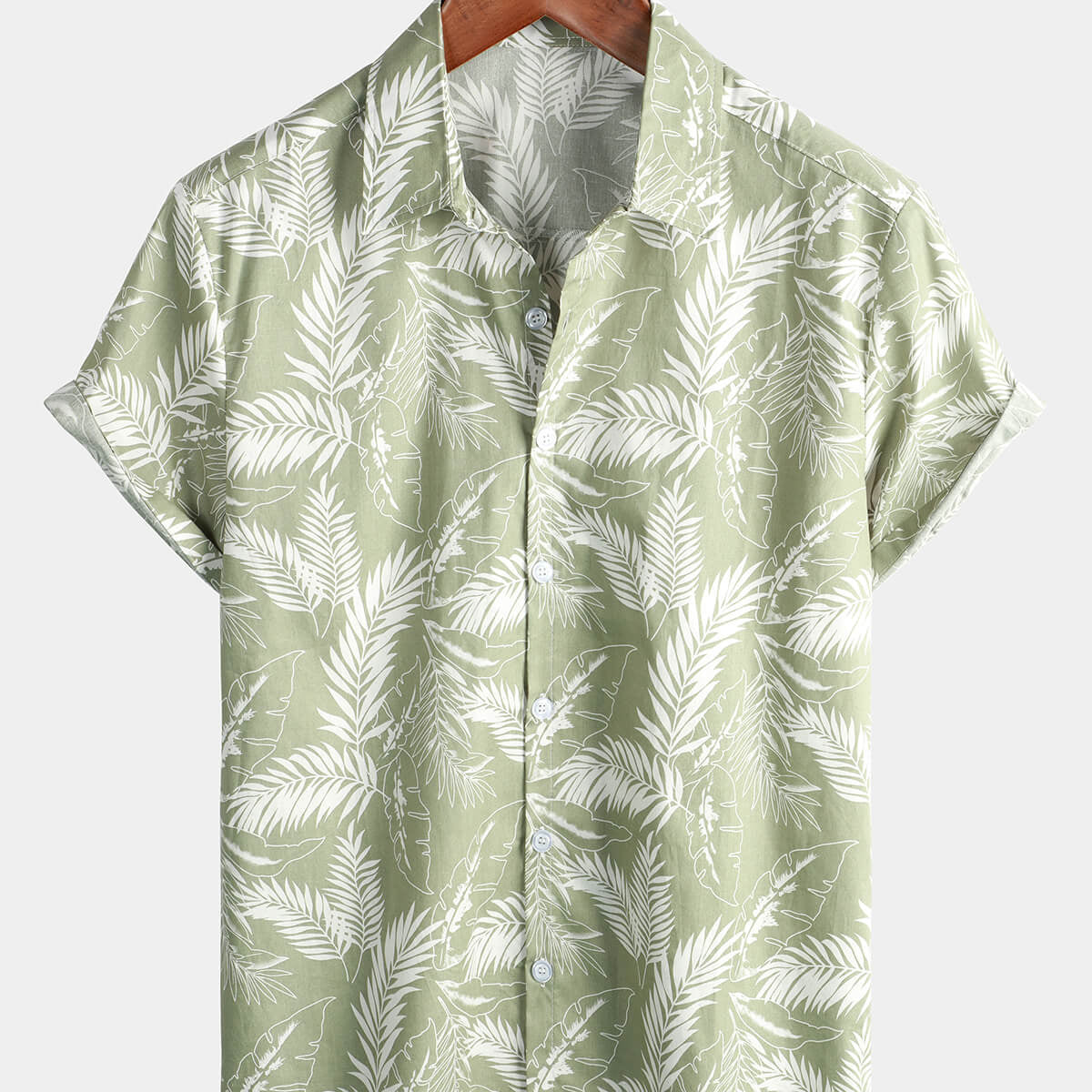 Camisa de manga corta con botones transpirable de algodón para vacaciones en la playa con hojas tropicales suaves hawaianas de color verde claro para hombre
