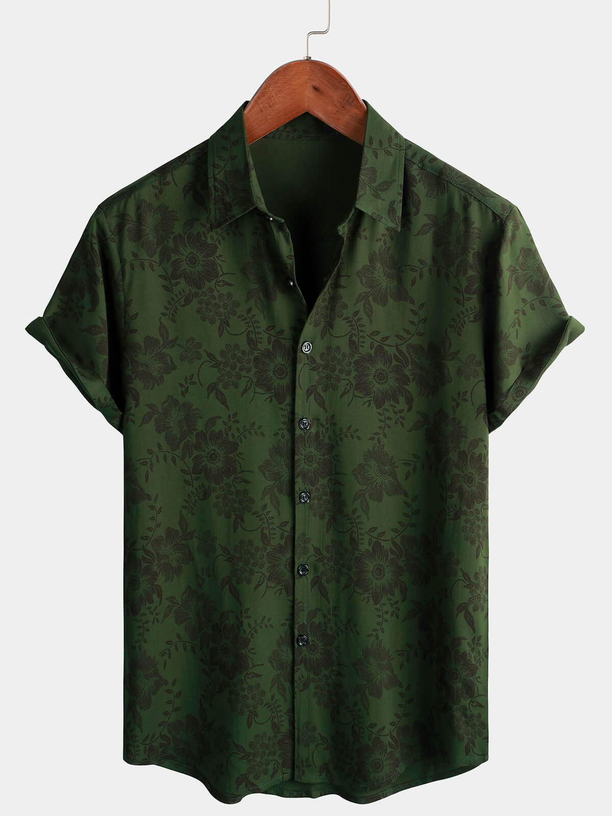 Men's Floral Dark Green Hawaiian Vintage Soft Beach Holiday Button Up Short Sleeve Shirt