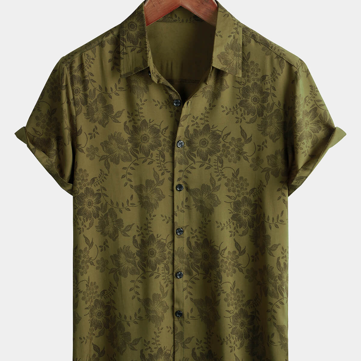Camisa con botones de verano estilo retro de los años 70, estilo vintage, floral, verde, de manga corta, para hombre
