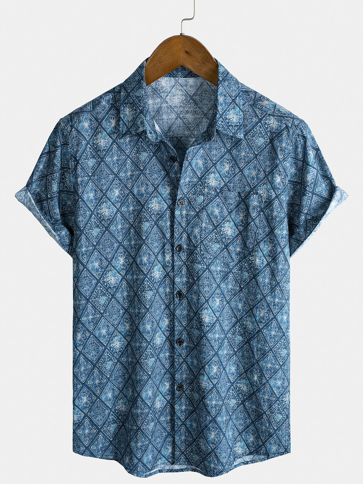 Men's Retro Bohemian Print Pocket Summer Short Sleeve Shirt