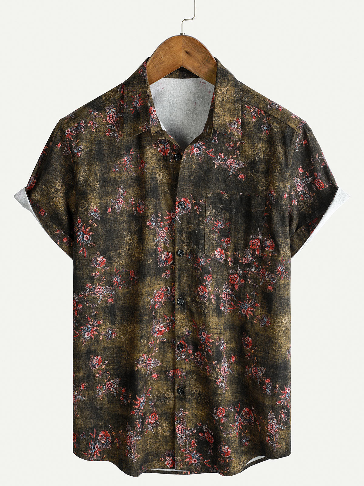 Men's Retro Floral Print Casual Short Sleeve Cotton Shirt