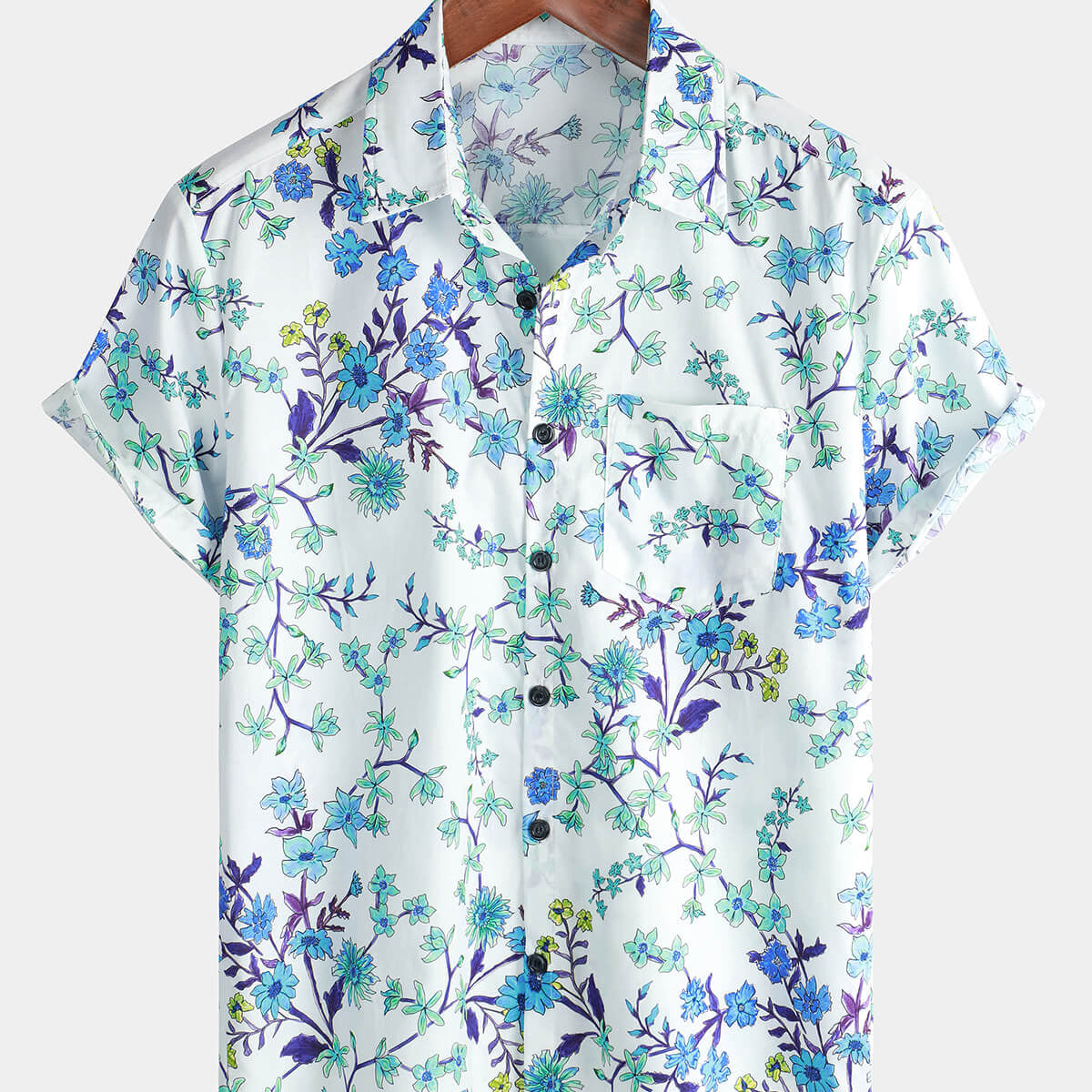 Men's Blue Casual Floral Print Aloha Vacation Beach Short Sleeve Hawaiian Shirt