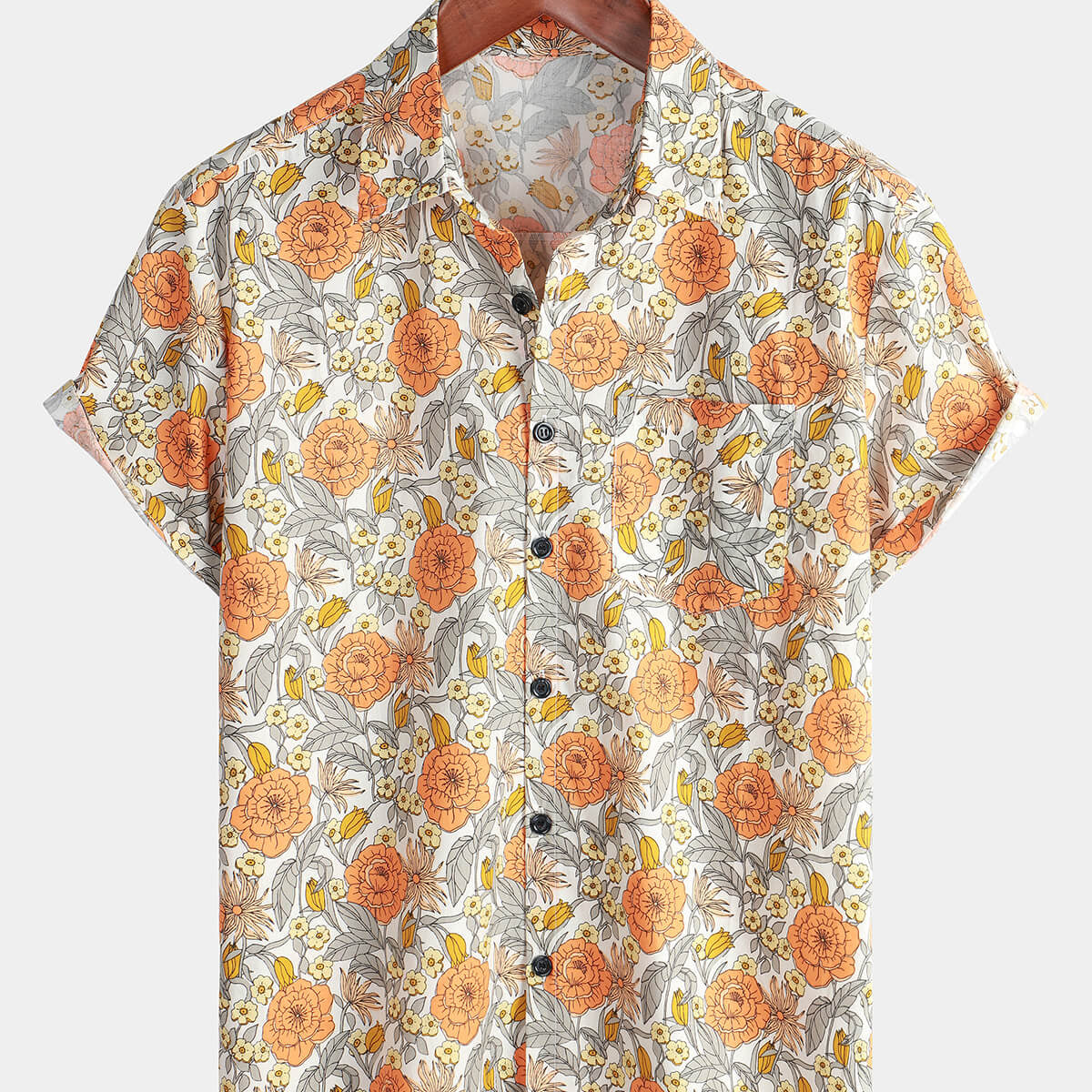 Men's Rose Floral Short Sleeve Button Up Cotton Pocket Summer Shirt