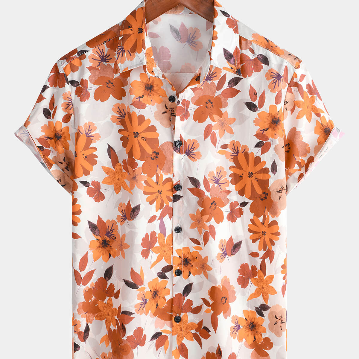 Men's Orange Floral Button Up Casual Short Sleeve Shirt