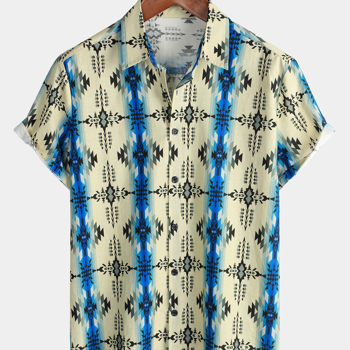 Men's Vintage Short Sleeve 70s Retro Aztec Print Button Up Shirt