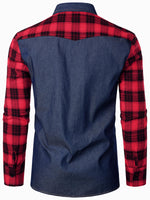 Men's Plaid Flannel Patchwork Denim Casual Button Up Long Sleeve Shirt