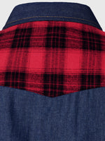Men's Plaid Flannel Patchwork Denim Casual Button Up Long Sleeve Shirt