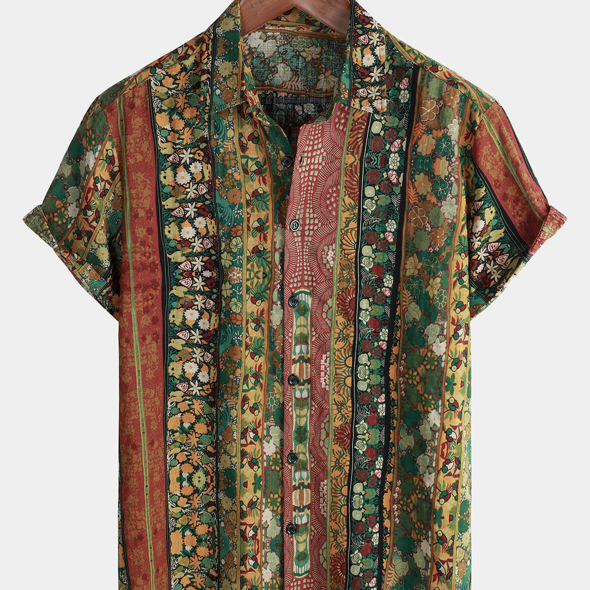Men's Casual Floral Striped Cotton Vintage Short Sleeve Retro Button Up Shirt