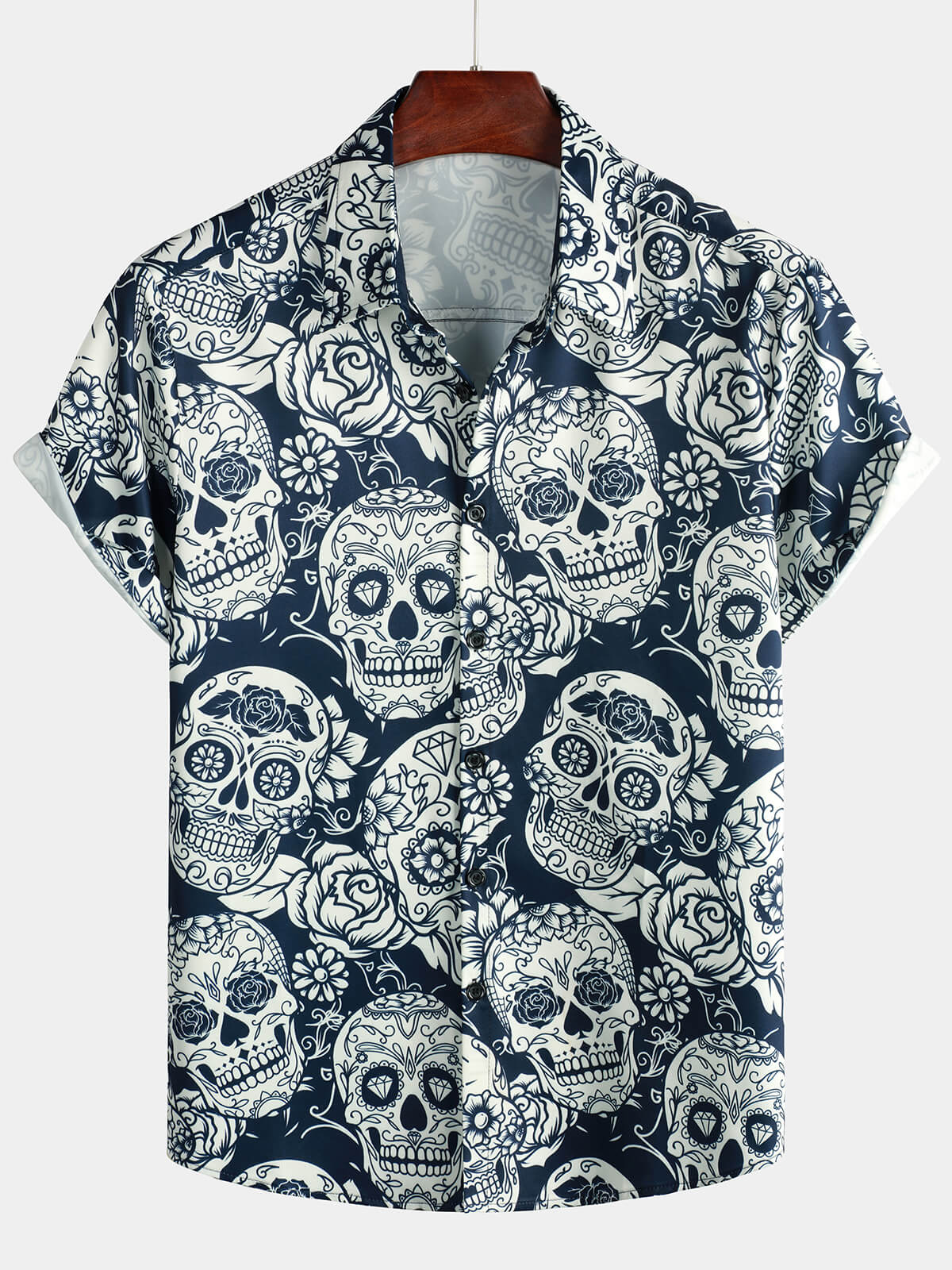 Men's Sugar Skull Floral Print Cool Button Up Funny Short Sleeve Hawaiian Shirt
