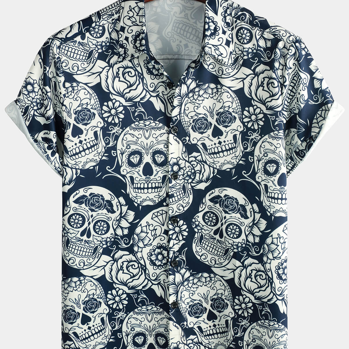 Camisa hawaiana de manga corta divertida con botones y estampado floral de calavera de azúcar para hombre