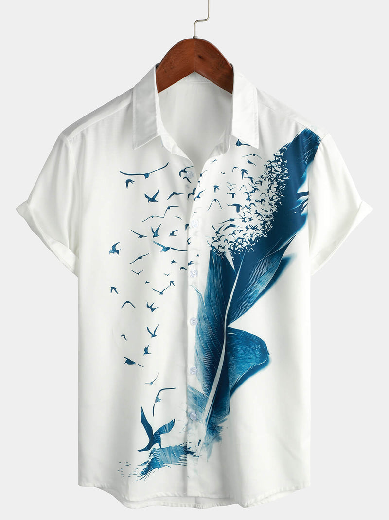 Men's Feather Print Beach Summer Holiday Short Sleeve Button Up Cruise Shirt