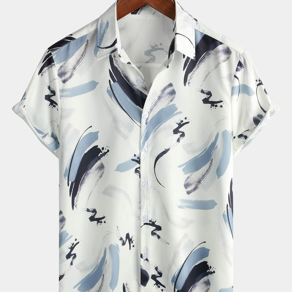 Camisa con botones de vacaciones de manga corta con arte geométrico informal de verano para hombre