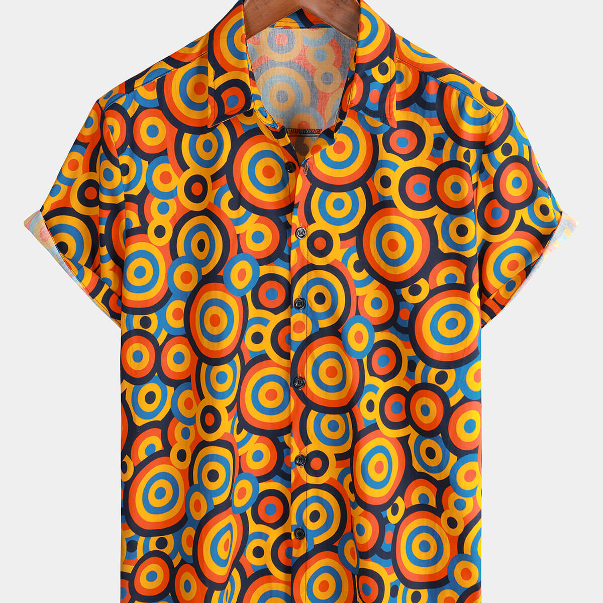 Men's Orange 70s Retro Button Up Vintage Geometric Circle Shirt
