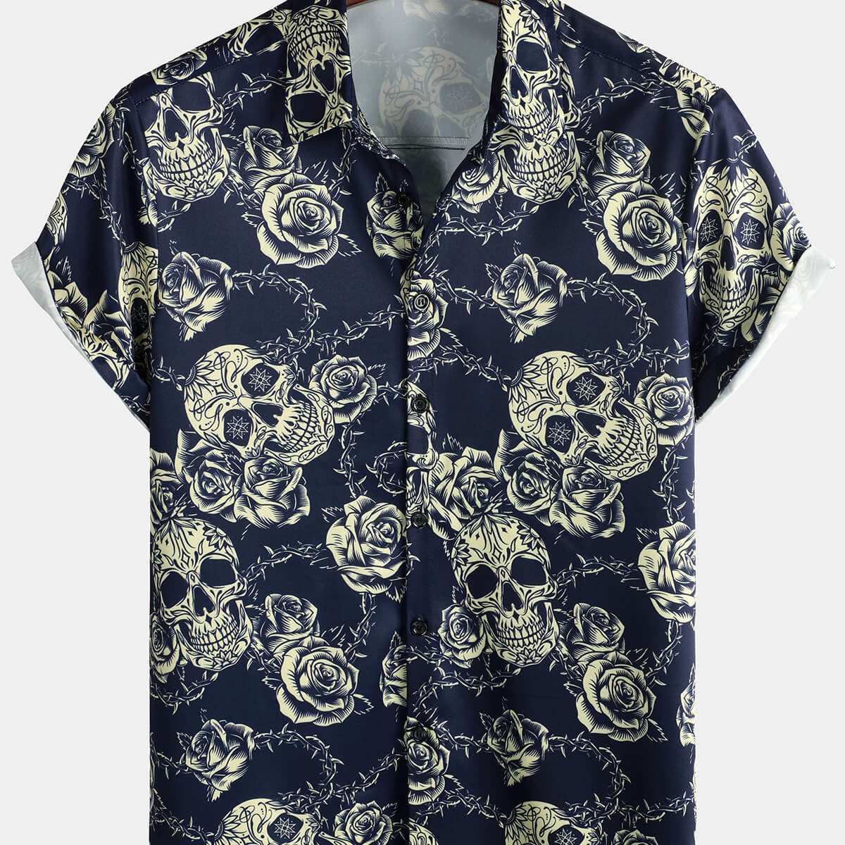 Camisa de manga corta con botones y estampado de rosas vintage Rock Skull para hombre
