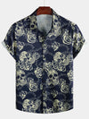 Men's Rock Skull Vintage Rose Print Button Up Short Sleeve Shirt