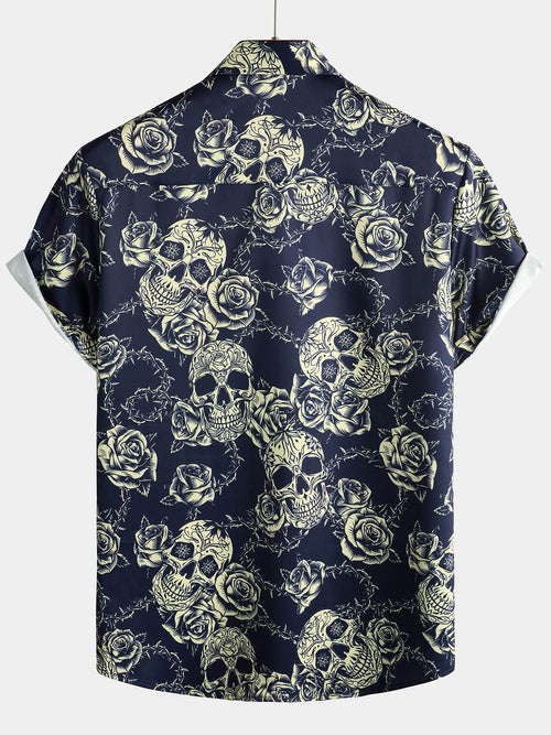 Men's Rock Skull Vintage Rose Print Button Up Short Sleeve Shirt
