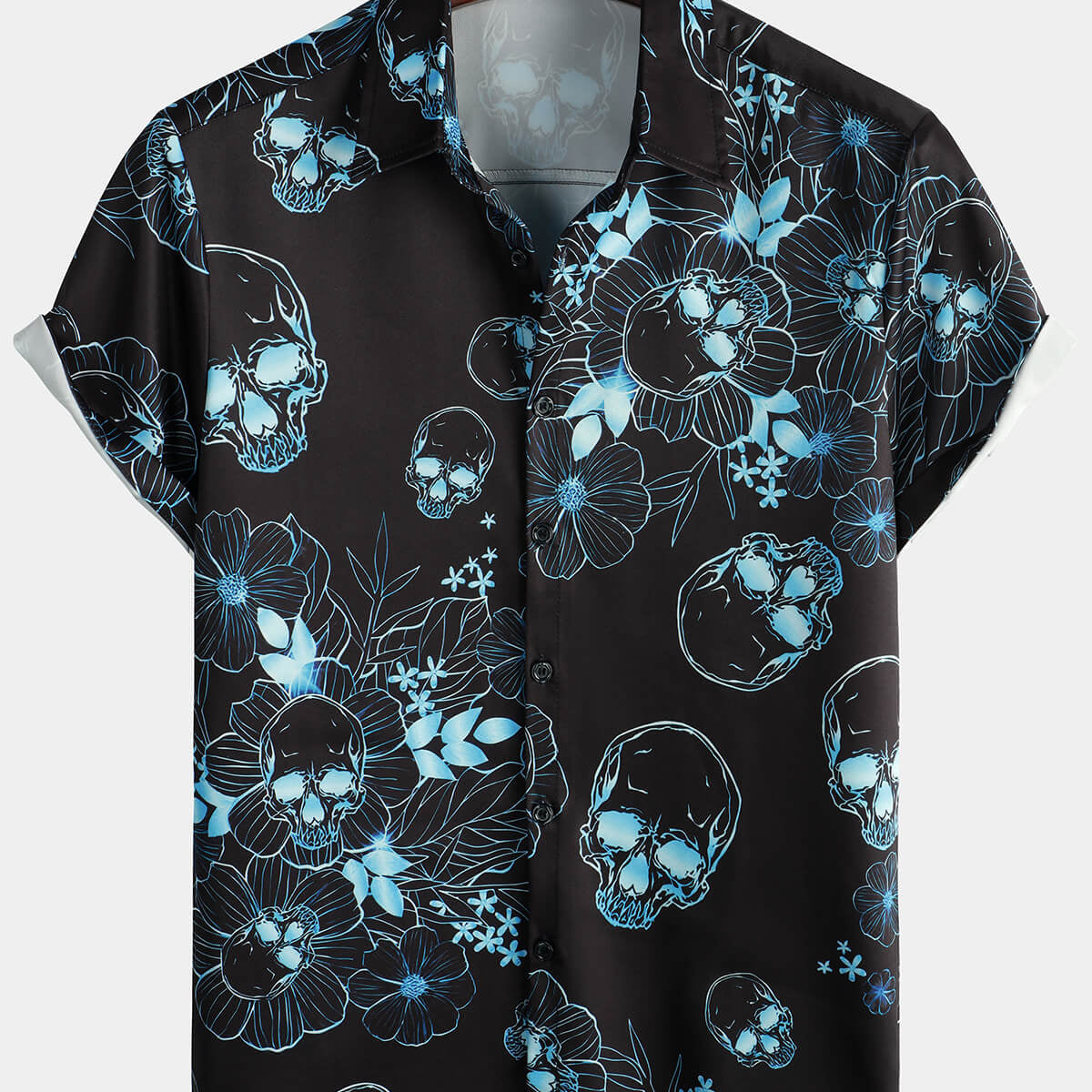 Camisa casual de manga corta con botones y estampado de calavera floral azul para hombre