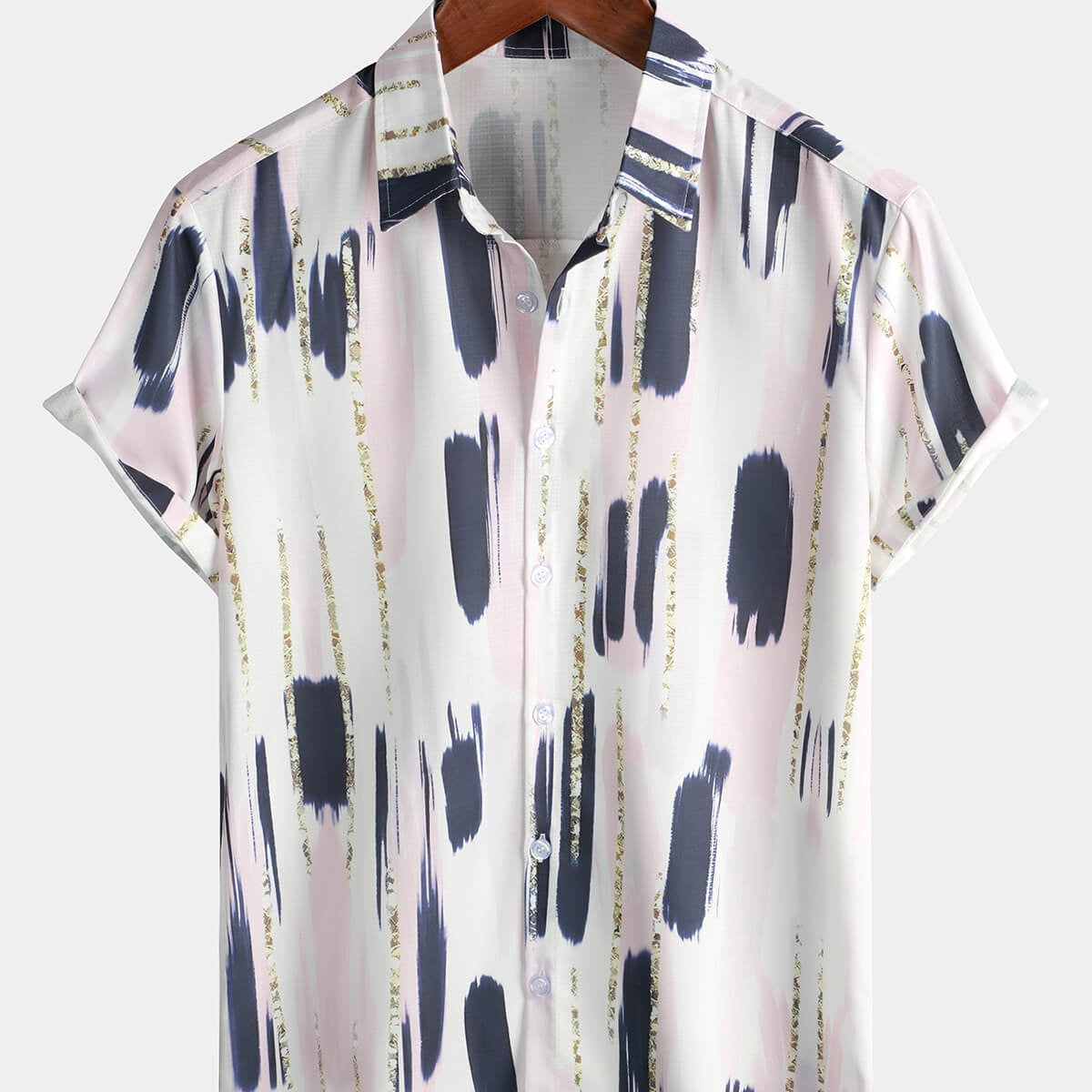 Camisa blanca con botones de vacaciones de manga corta con arte geométrico informal para hombre